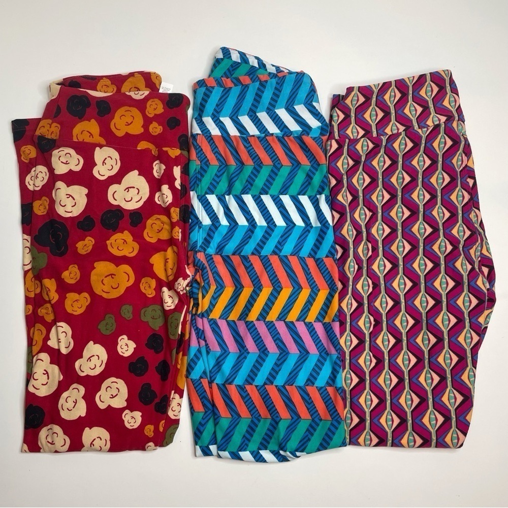 LuLaRoe Leggings OS One Size Set of 3 Popcorn Flowers Chevron Ikat Cat Eye